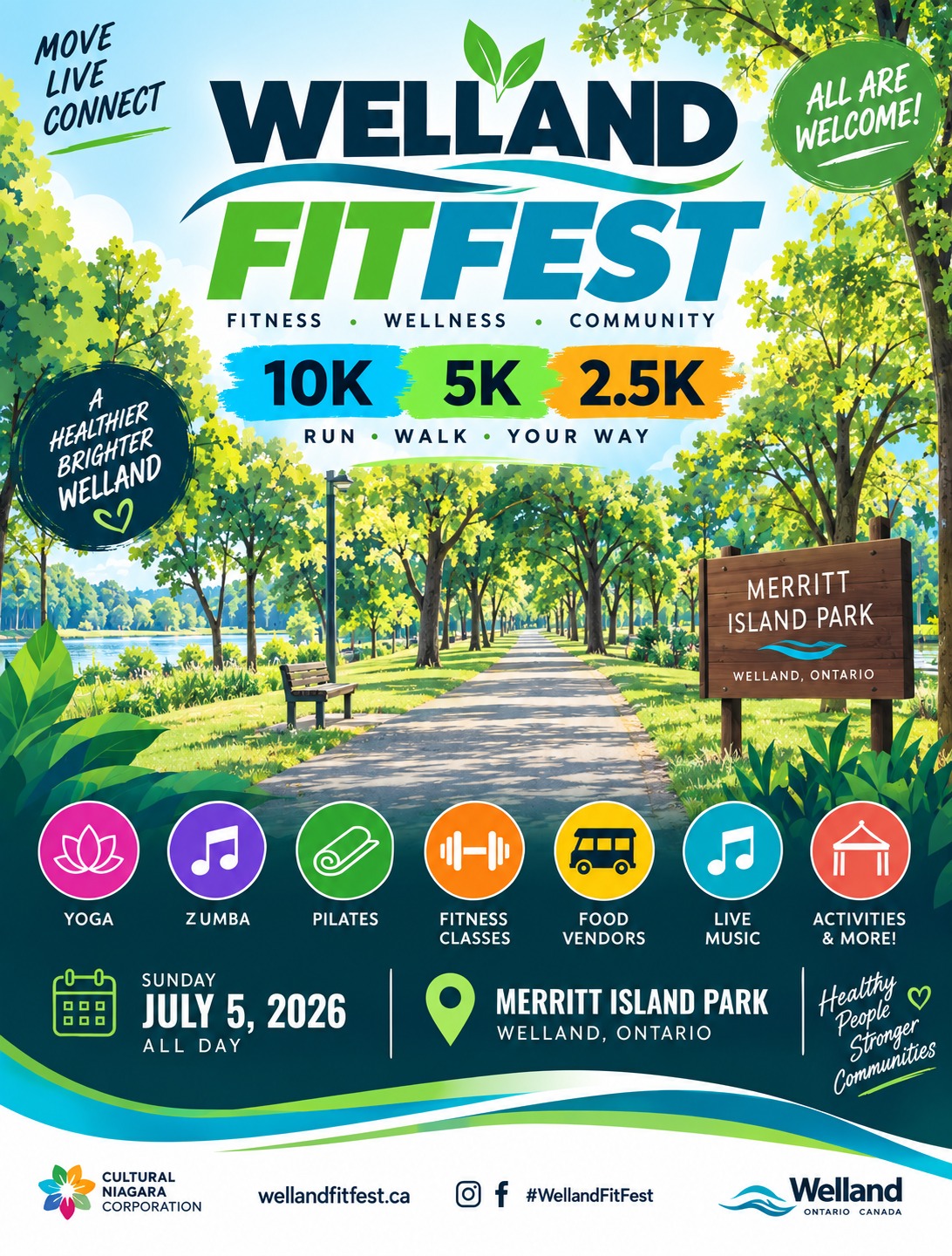 Colorful Welland FitFest poster advertising races, activities, and a July 5, 2026 event at Merritt Island Park.