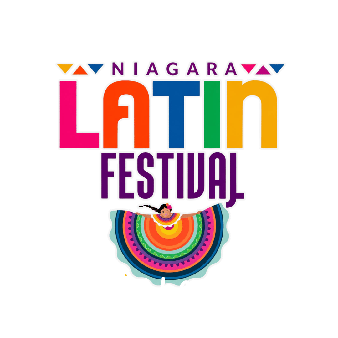Colorful “NIAGARA LATIN FESTIVAL” logo with a Latin dancer in a patterned fan-shaped dress.
