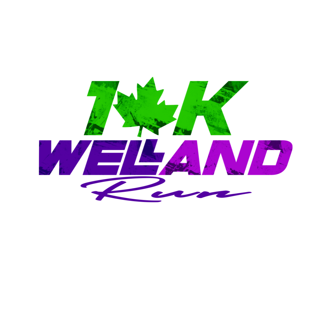 Distressed green “TK” maple-leaf logo above bold purple “WELLAND” and cursive “Run” on white.