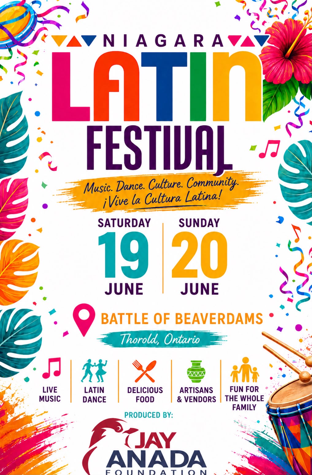 Colorful Niagara Latin Festival poster advertising June 19–20 in Thorold, Ontario.